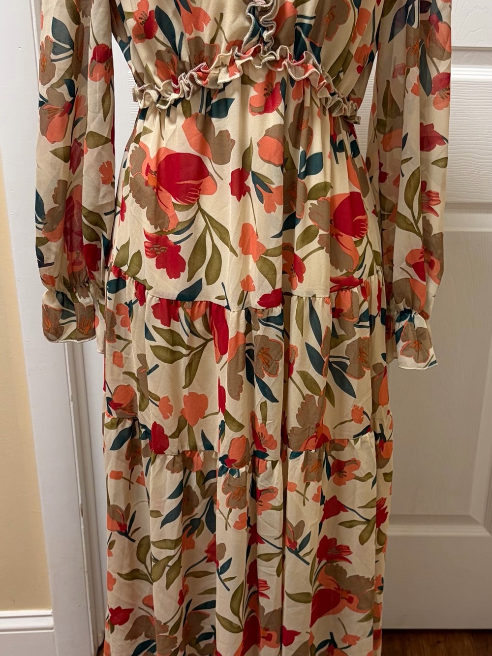 Floral Tiered Long Sleeve Maxi Dress in Cream and Red